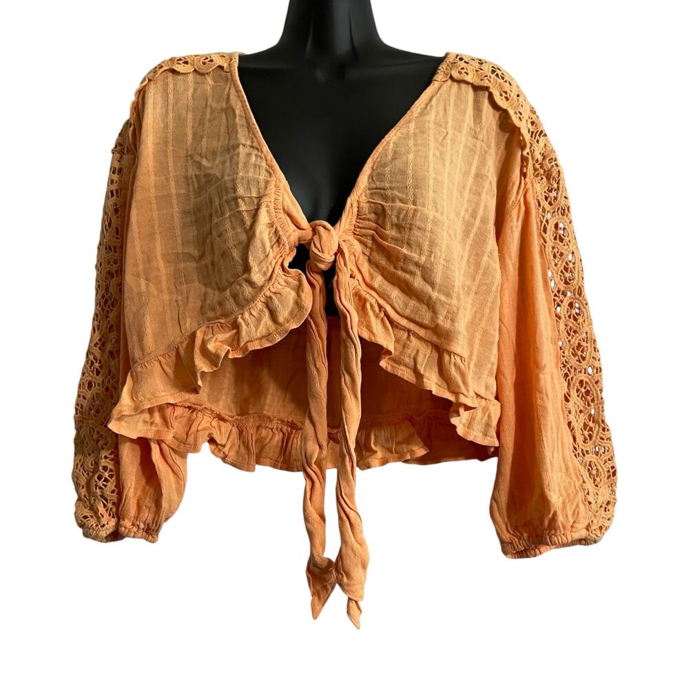 American Eagle Womens Blouse Medium Orange Lace Sleeves Tie Front Ruffle Crop